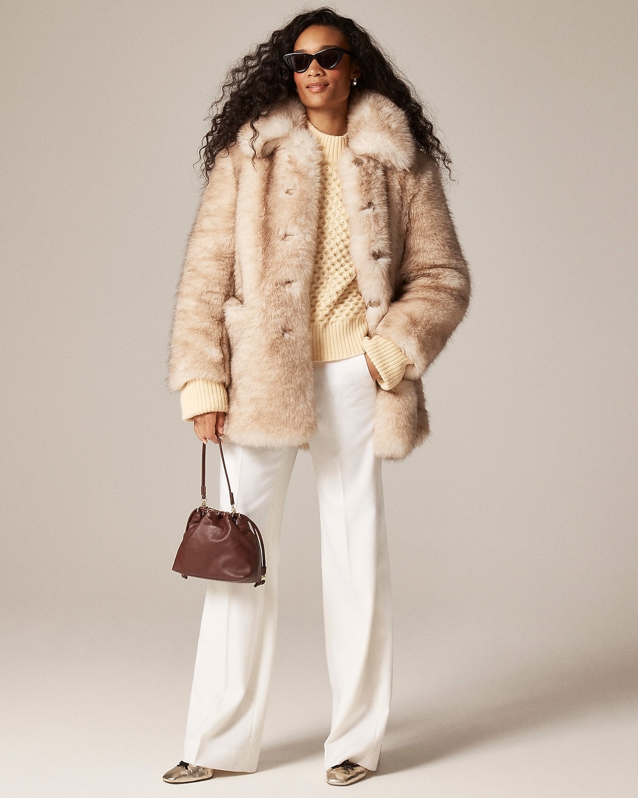 J. Crew Women's Faux-Fur Peacoat Long Sleeve Caramel Latte Size Xs / Xxs Nwt